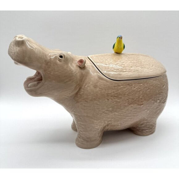 Vintage Hearth & Home Hippo Hippopotamus Cookie Jar Mexican Pottery Chipped - Picture 1 of 9
